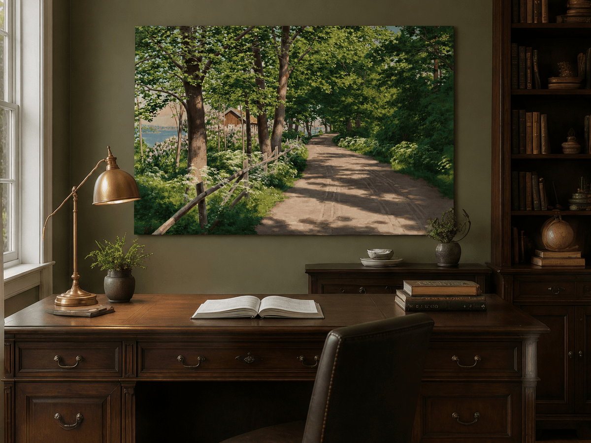 Landscape Oil Painting - Sunlit Tree-Lined Path by the Lake