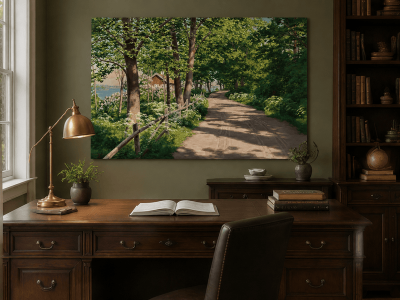 Landscape Oil Painting - Sunlit Tree-Lined Path by the Lake