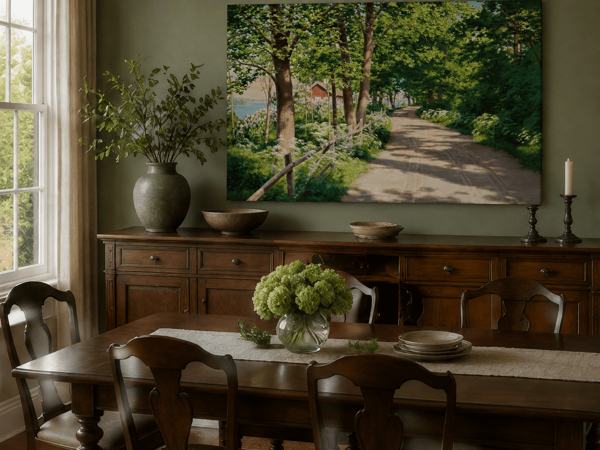 Landscape Oil Painting - Sunlit Tree-Lined Path by the Lake
