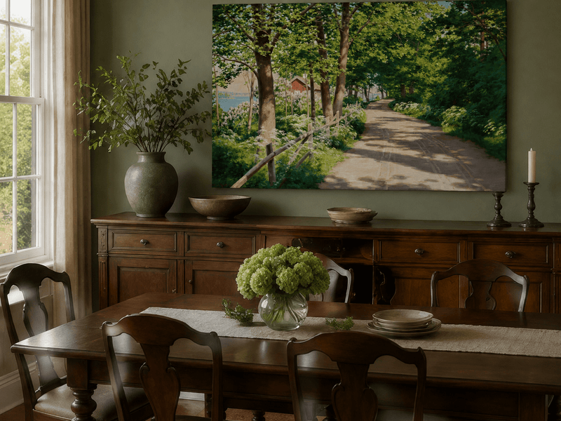 Landscape Oil Painting - Sunlit Tree-Lined Path by the Lake