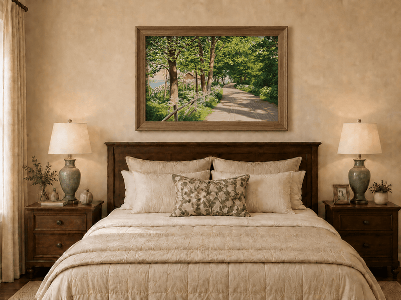Landscape Oil Painting - Sunlit Tree-Lined Path by the Lake
