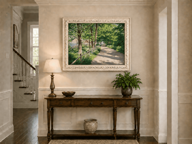 Landscape Oil Painting - Sunlit Tree-Lined Path by the Lake