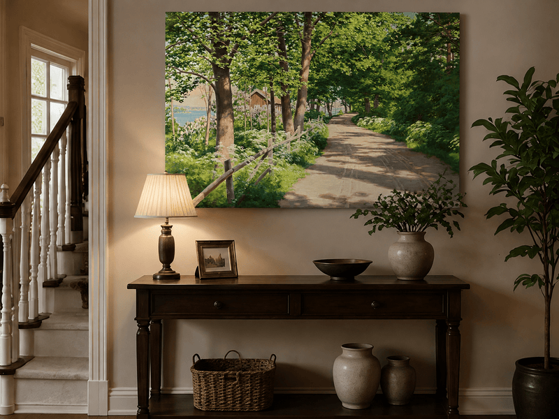 Landscape Oil Painting - Sunlit Tree-Lined Path by the Lake