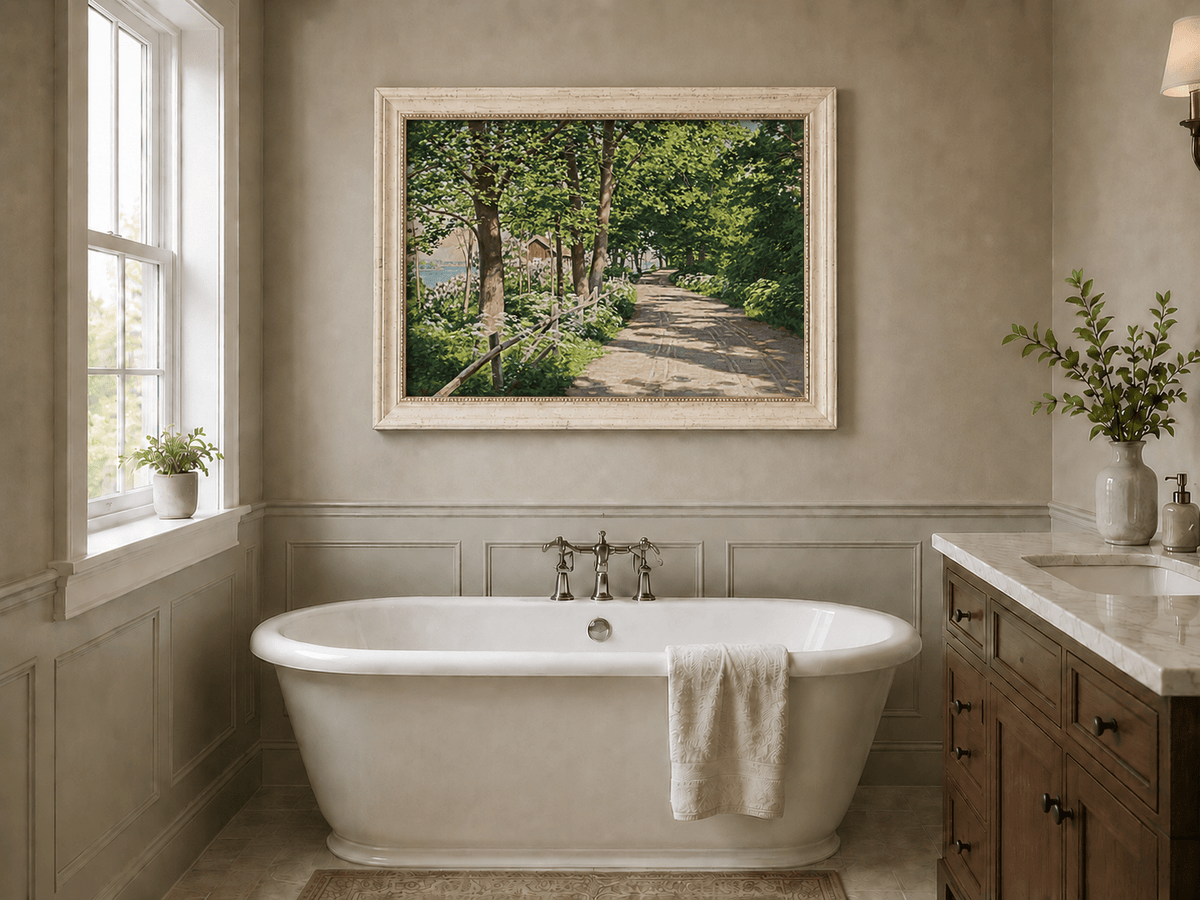 Landscape Oil Painting - Sunlit Tree-Lined Path by the Lake