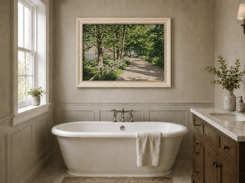 Landscape Oil Painting - Sunlit Tree-Lined Path by the Lake