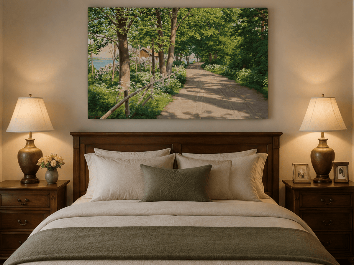 Landscape Oil Painting - Sunlit Tree-Lined Path by the Lake