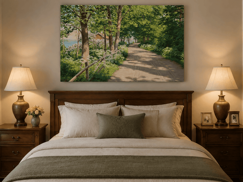 Landscape Oil Painting - Sunlit Tree-Lined Path by the Lake
