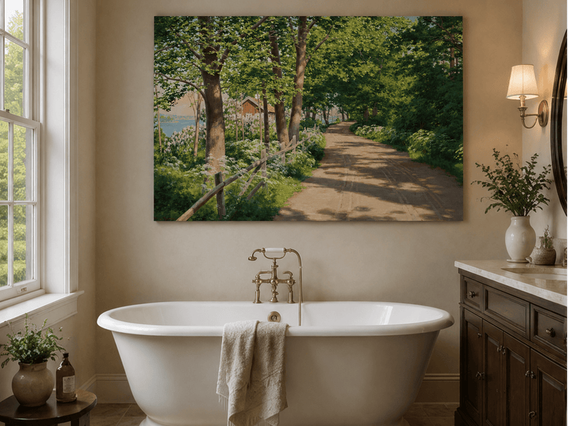 Landscape Oil Painting - Sunlit Tree-Lined Path by the Lake