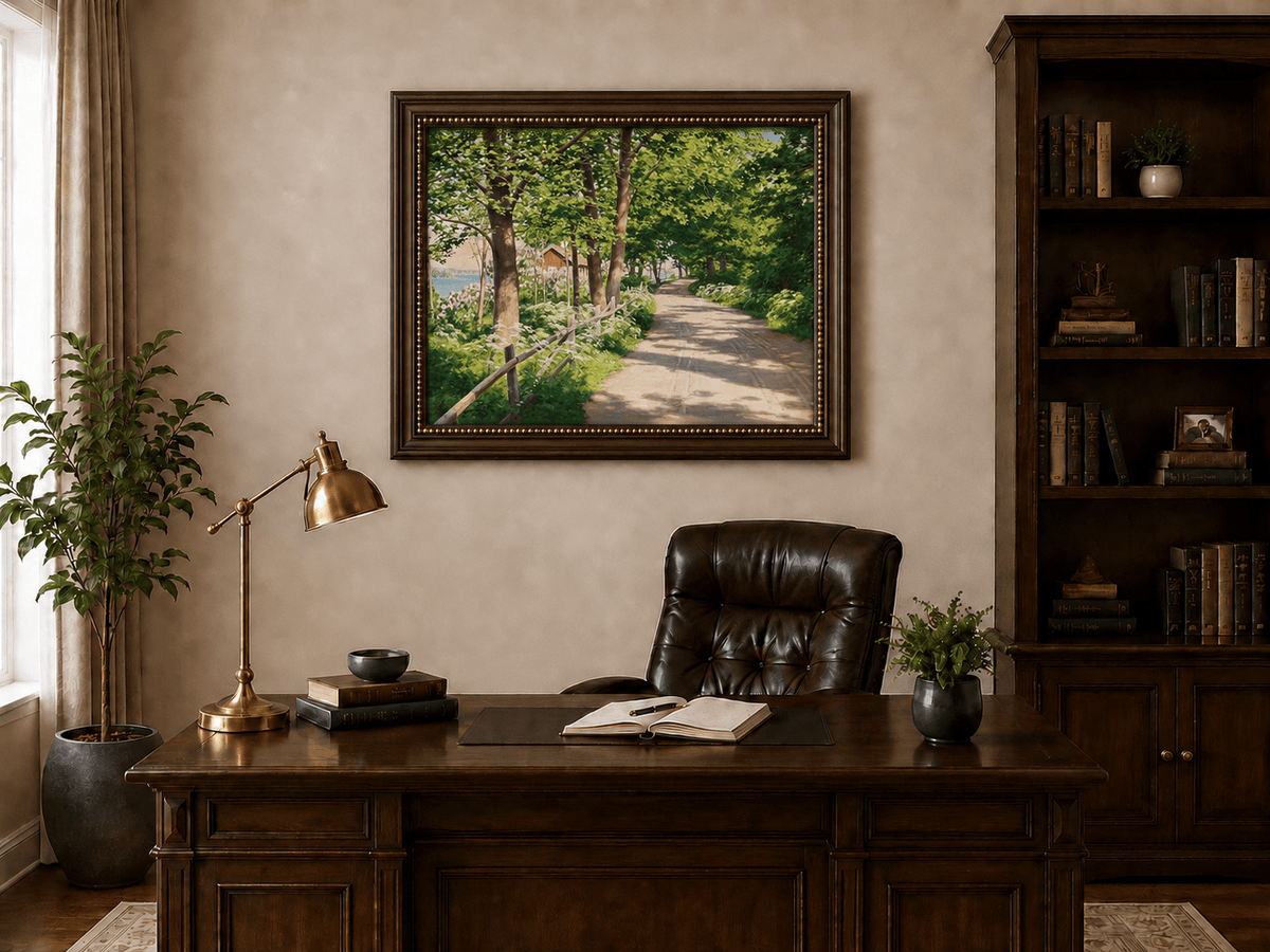 Landscape Oil Painting - Sunlit Tree-Lined Path by the Lake