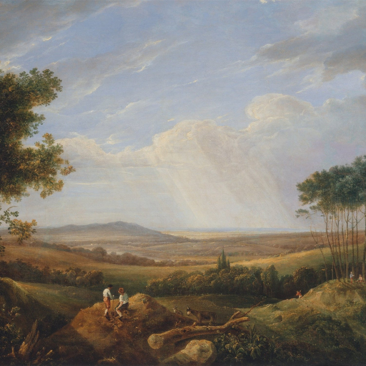 Landschaftsgemälde in Öl – Winterliche Flusslandschaft mit Figuren und Pferden