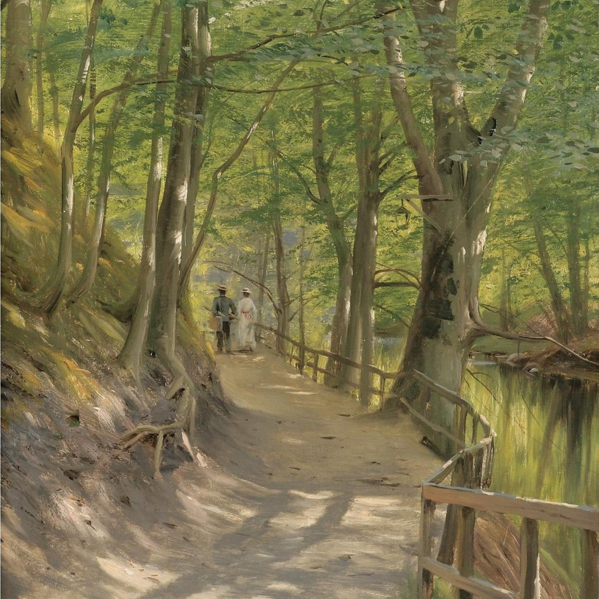 Landscape Oil Painting - Sunlit Woodland Path by the Riverside - Oil Painting Haven