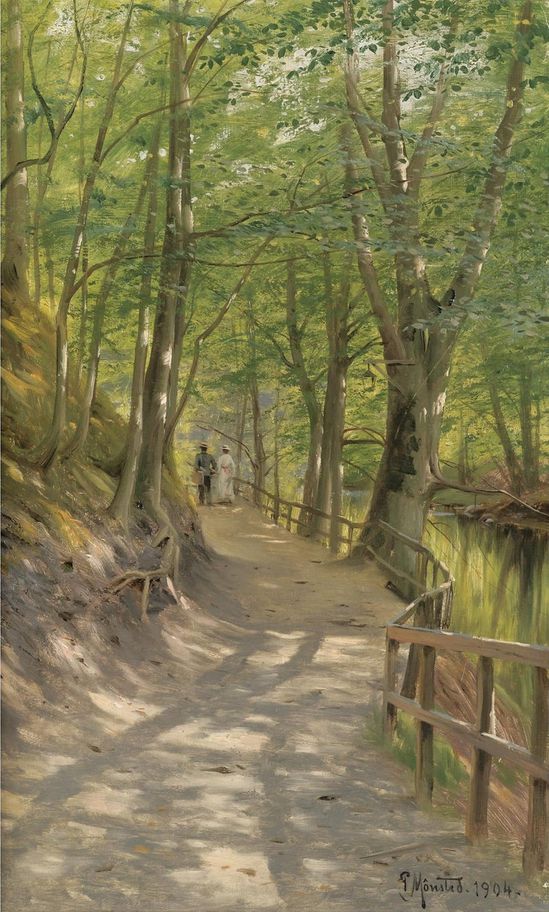 Landscape Oil Painting - Sunlit Woodland Path by the Riverside - Oil Painting Haven