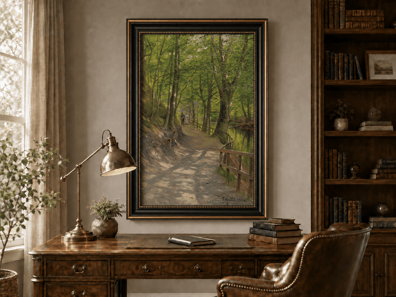 Peinture à l'huile de paysage - Rivière printanière avec pêcheur et arbres