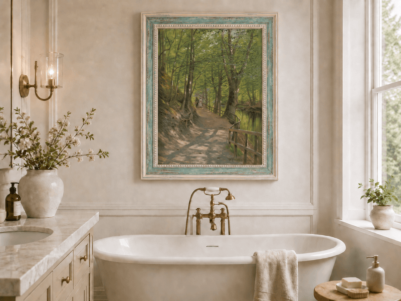 Peinture à l'huile de paysage - Rivière printanière avec pêcheur et arbres