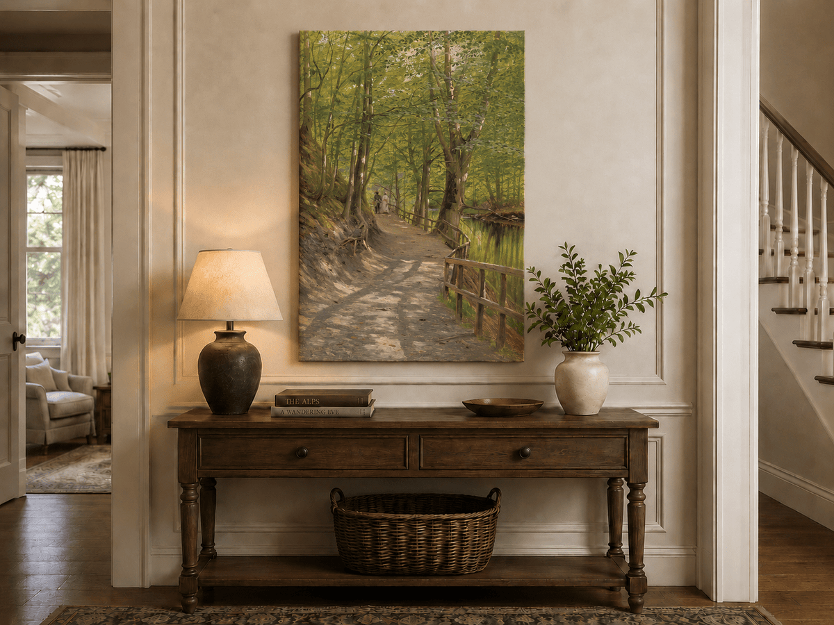 Peinture à l'huile de paysage - Rivière printanière avec pêcheur et arbres