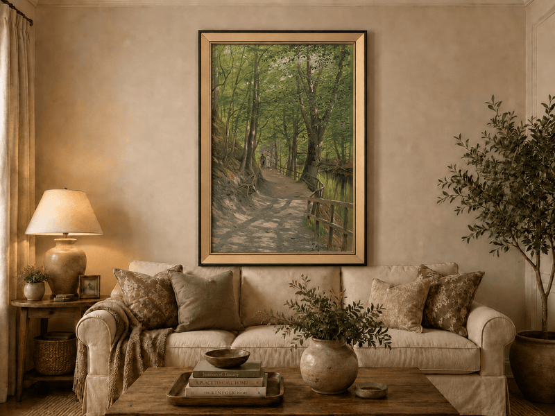 Peinture à l'huile de paysage - Rivière printanière avec pêcheur et arbres