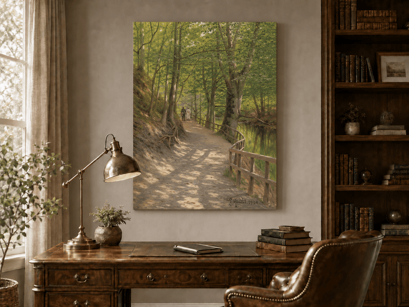 Peinture à l'huile de paysage - Rivière printanière avec pêcheur et arbres