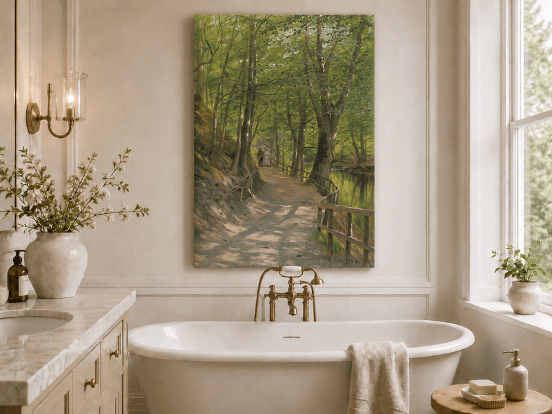 Peinture à l'huile de paysage - Rivière printanière avec pêcheur et arbres
