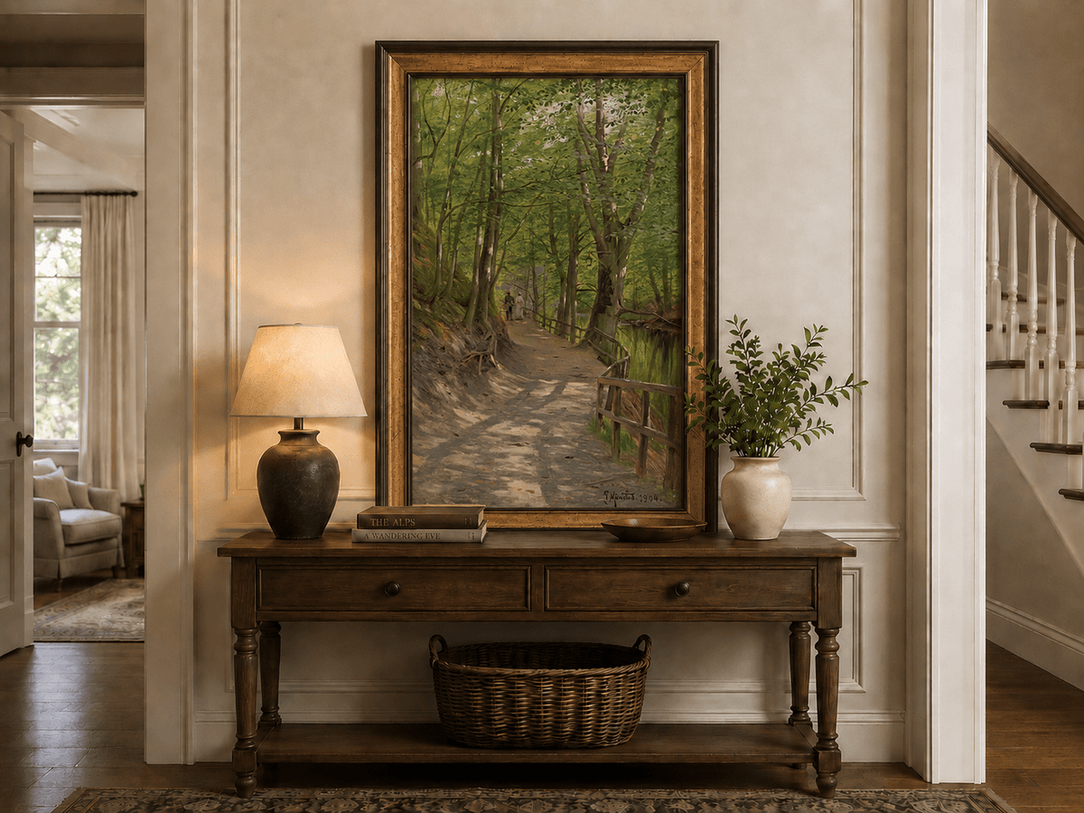 Peinture à l'huile de paysage - Rivière printanière avec pêcheur et arbres