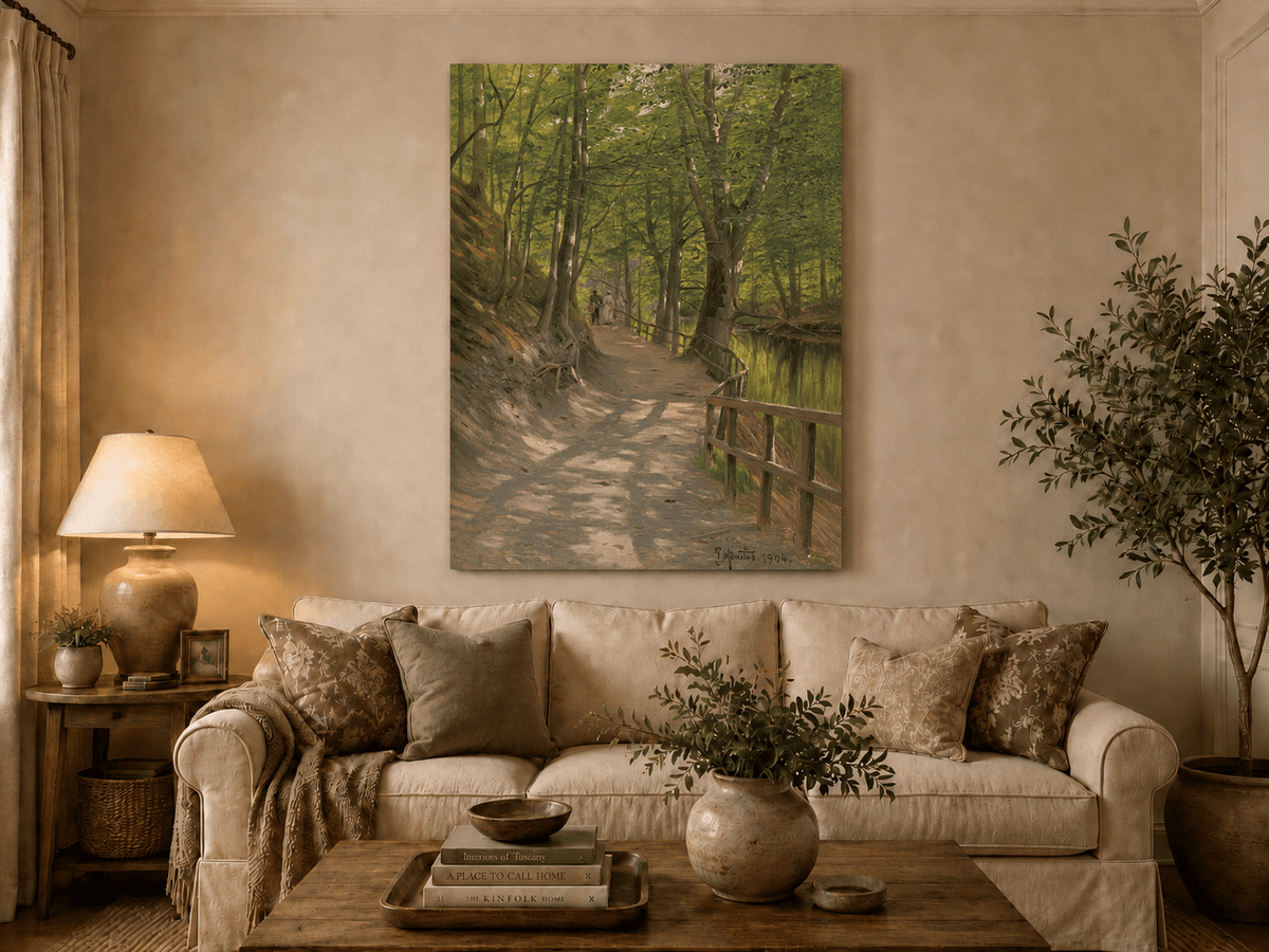 Peinture à l'huile de paysage - Rivière printanière avec pêcheur et arbres