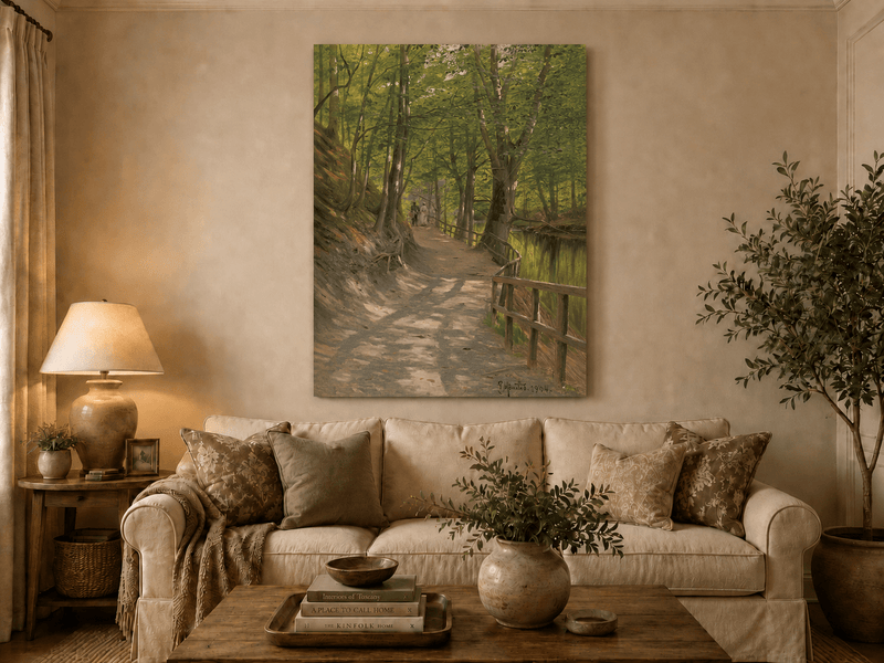 Peinture à l'huile de paysage - Rivière printanière avec pêcheur et arbres
