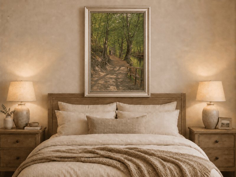 Peinture à l'huile de paysage - Rivière printanière avec pêcheur et arbres