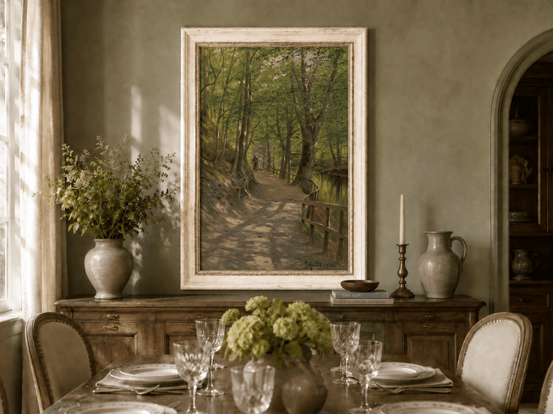 Peinture à l'huile de paysage - Rivière printanière avec pêcheur et arbres