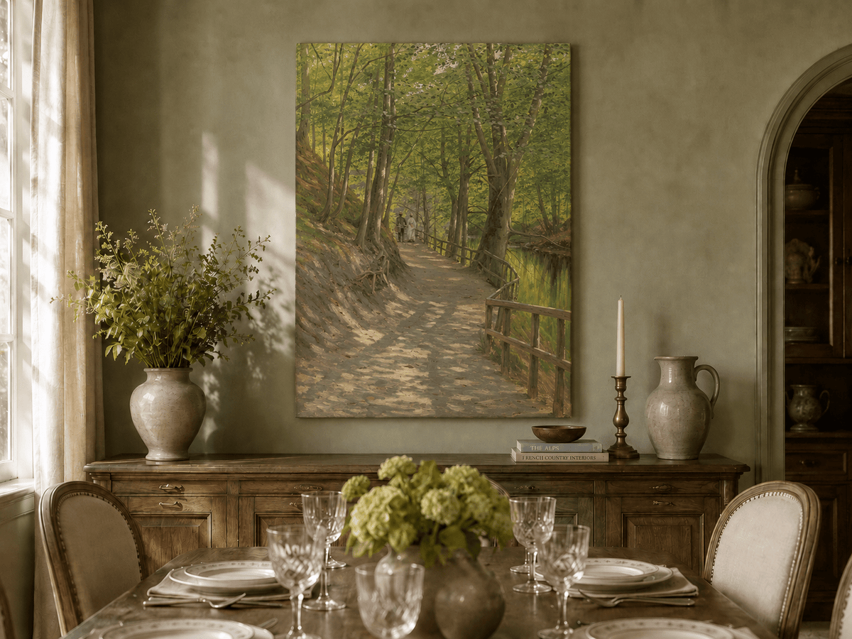 Peinture à l'huile de paysage - Rivière printanière avec pêcheur et arbres