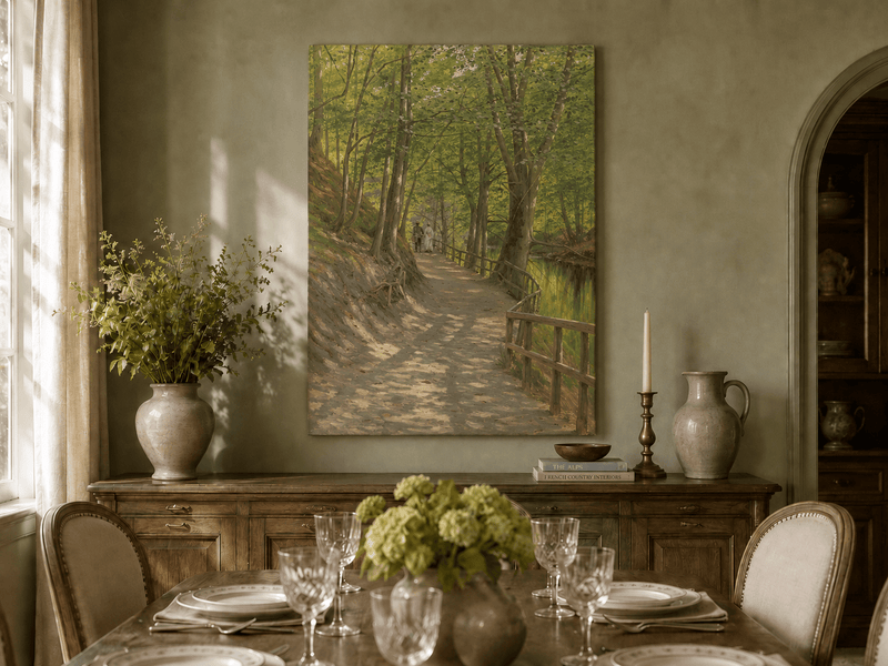 Peinture à l'huile de paysage - Rivière printanière avec pêcheur et arbres