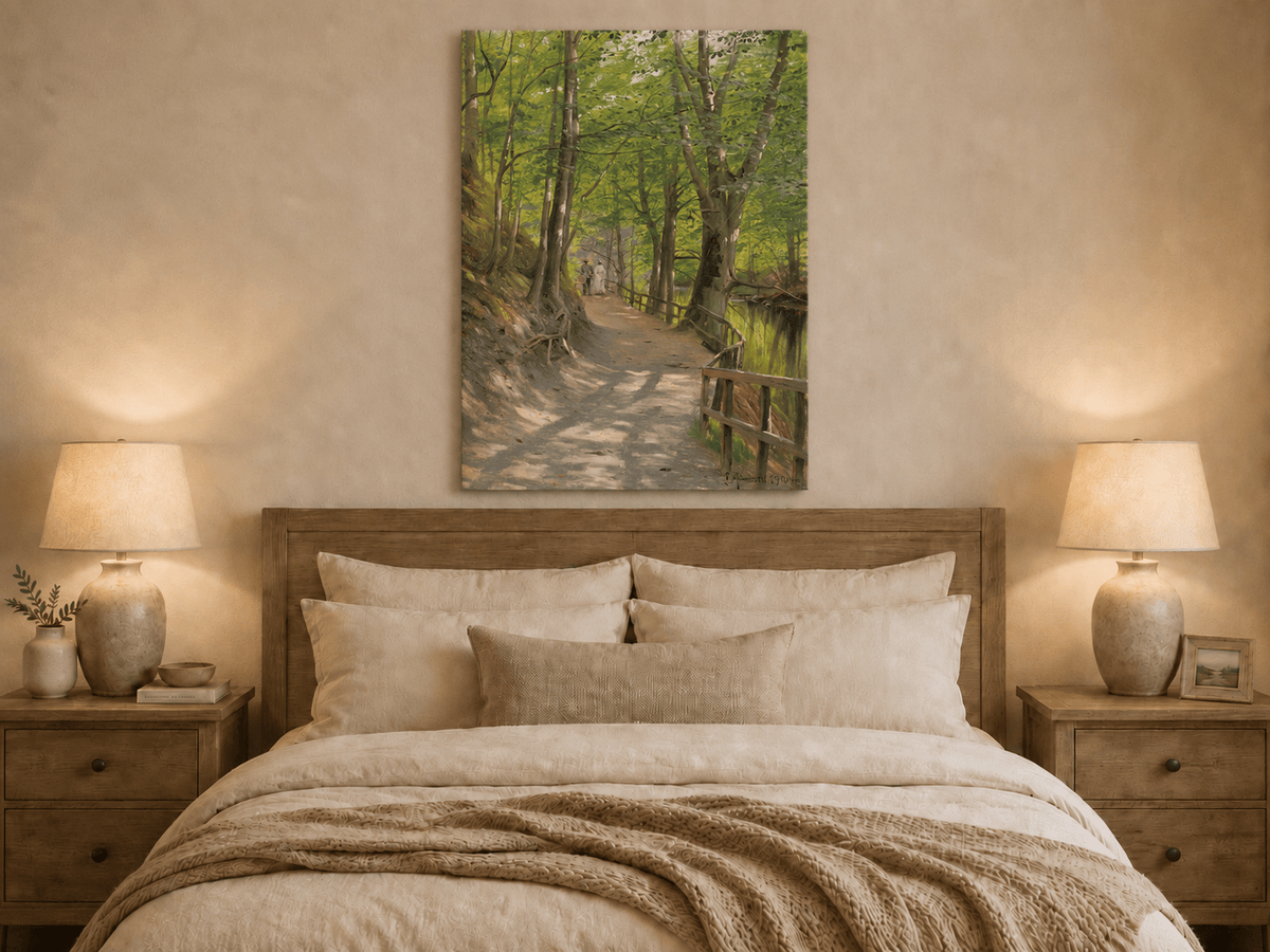 Peinture à l'huile de paysage - Rivière printanière avec pêcheur et arbres