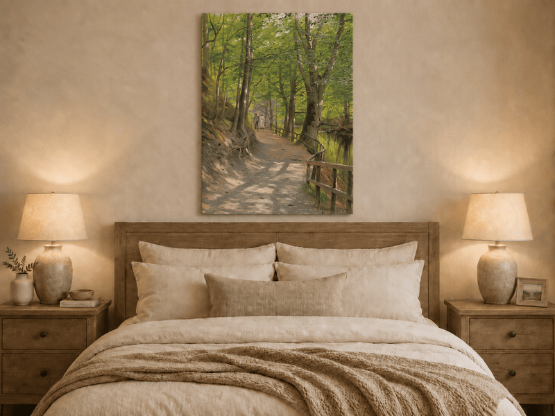 Peinture à l'huile de paysage - Rivière printanière avec pêcheur et arbres