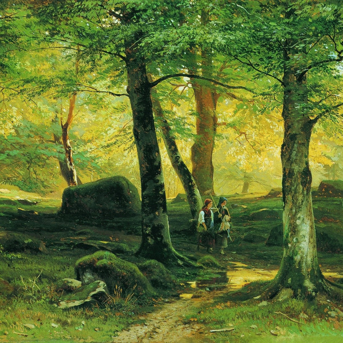 Hand-painted sunlit woodland path with figures landscape oil painting on canvas