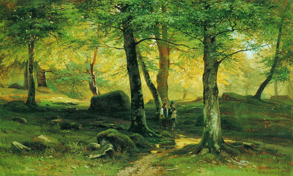 Hand-painted sunlit woodland path with figures landscape oil painting on canvas
