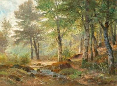 Hand-painted sunlit woodland stream and birch trees landscape oil painting on canvas