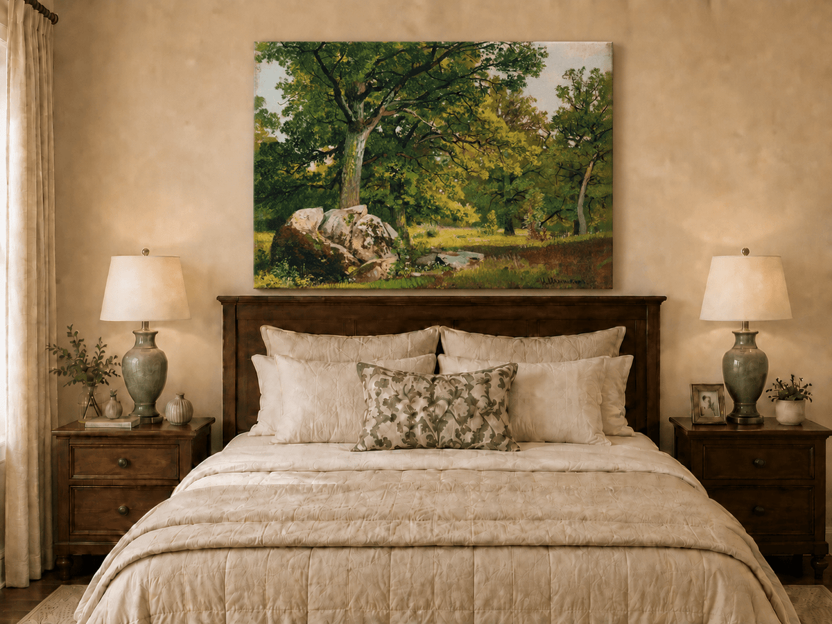Landscape Oil Painting - Sunlit Woodland Trees with Boulder
