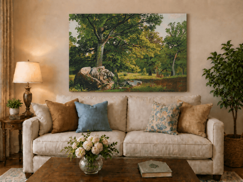 Landscape Oil Painting - Sunlit Woodland Trees with Boulder