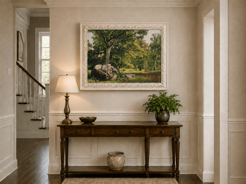 Landscape Oil Painting - Sunlit Woodland Trees with Boulder