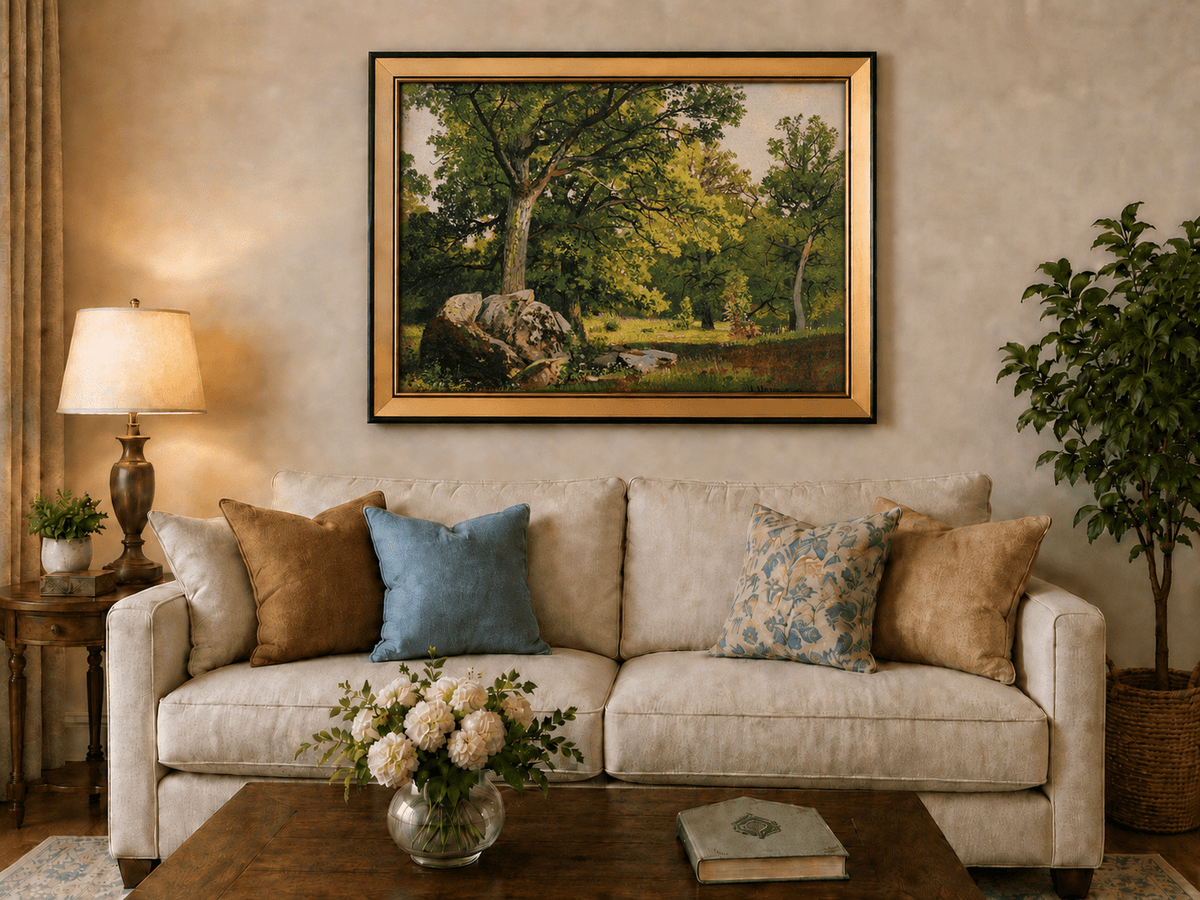 Landscape Oil Painting - Sunlit Woodland Trees with Boulder