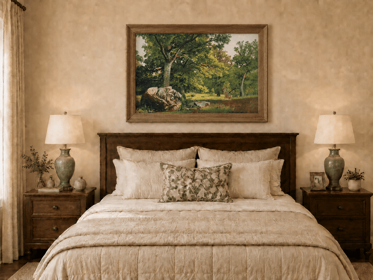Landscape Oil Painting - Sunlit Woodland Trees with Boulder