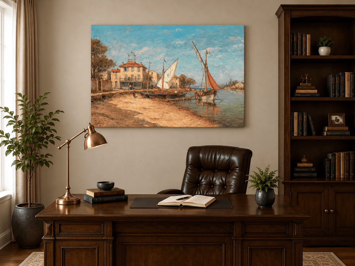 Landschaftsgemälde in Öl – Dramatische Felsschlucht mit Figuren