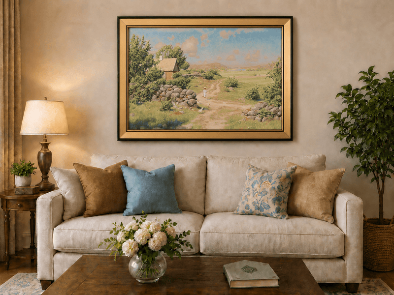 Landscape Oil Painting - Sunny Countryside Path with Cottage