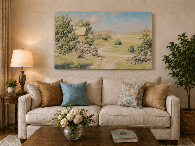 Landscape Oil Painting - Sunny Countryside Path with Cottage