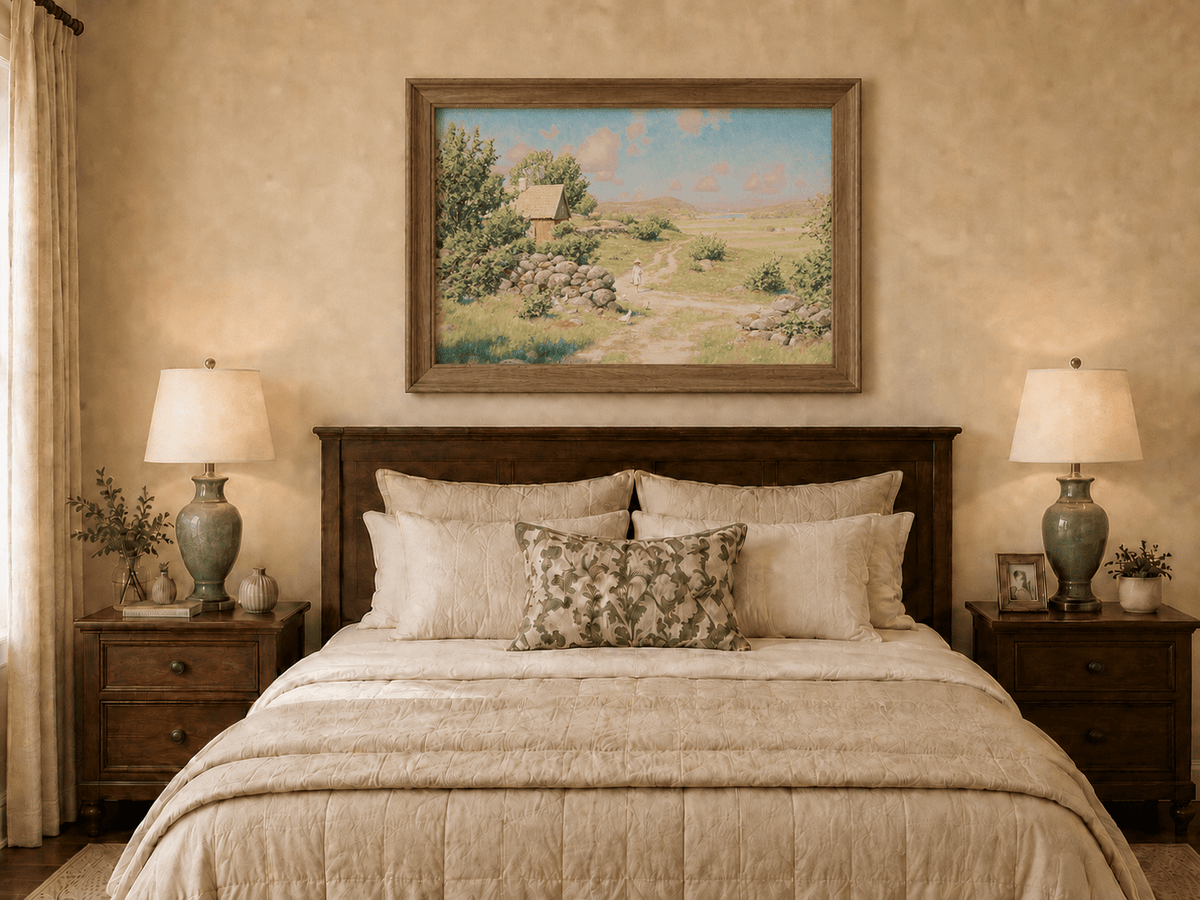 Landscape Oil Painting - Sunny Countryside Path with Cottage