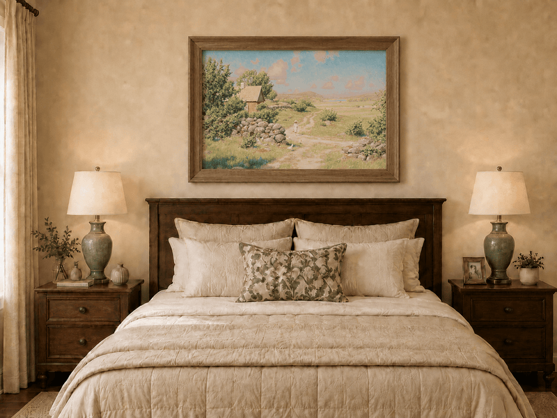Landscape Oil Painting - Sunny Countryside Path with Cottage