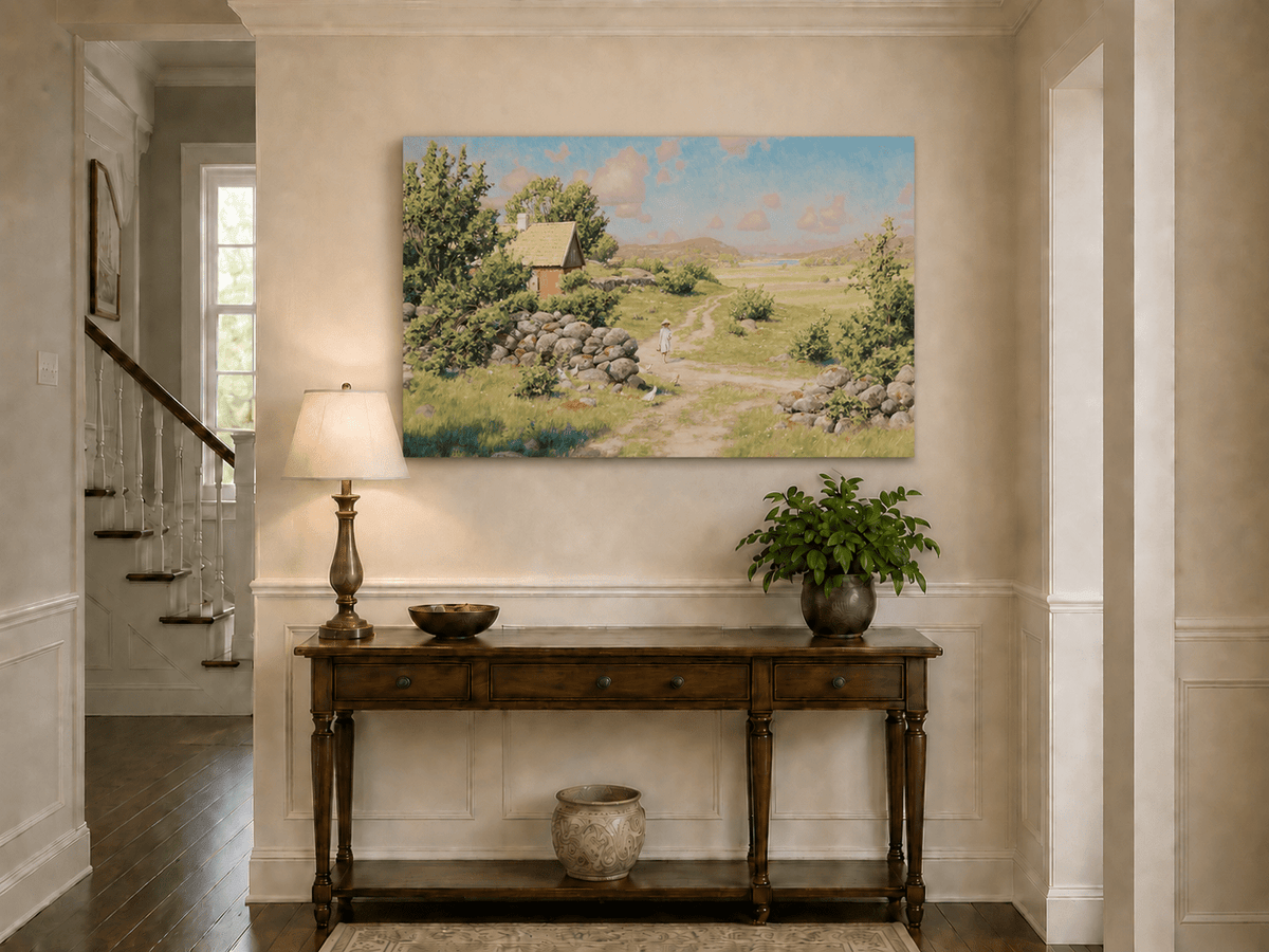 Landscape Oil Painting - Sunny Countryside Path with Cottage