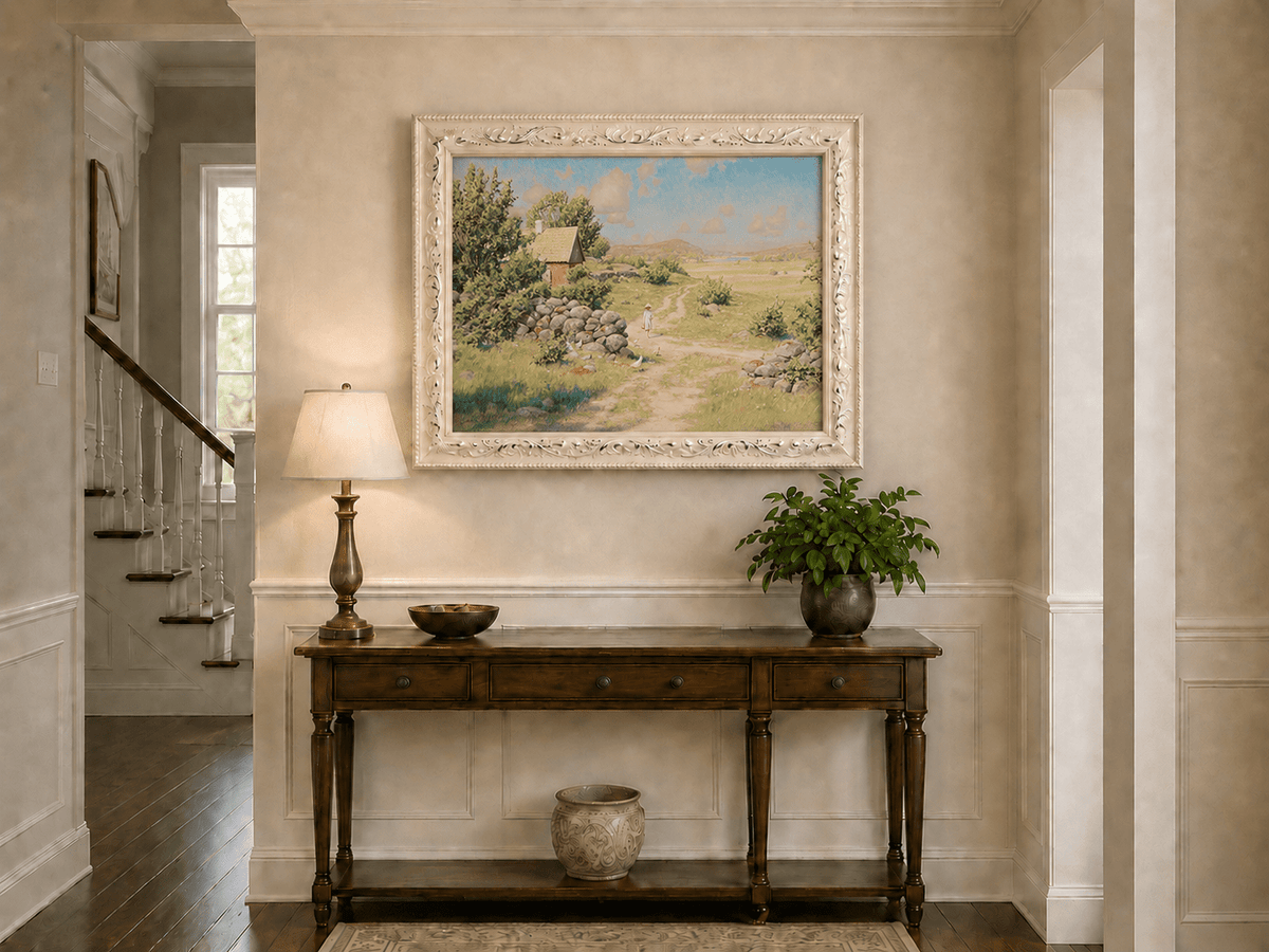 Landscape Oil Painting - Sunny Countryside Path with Cottage