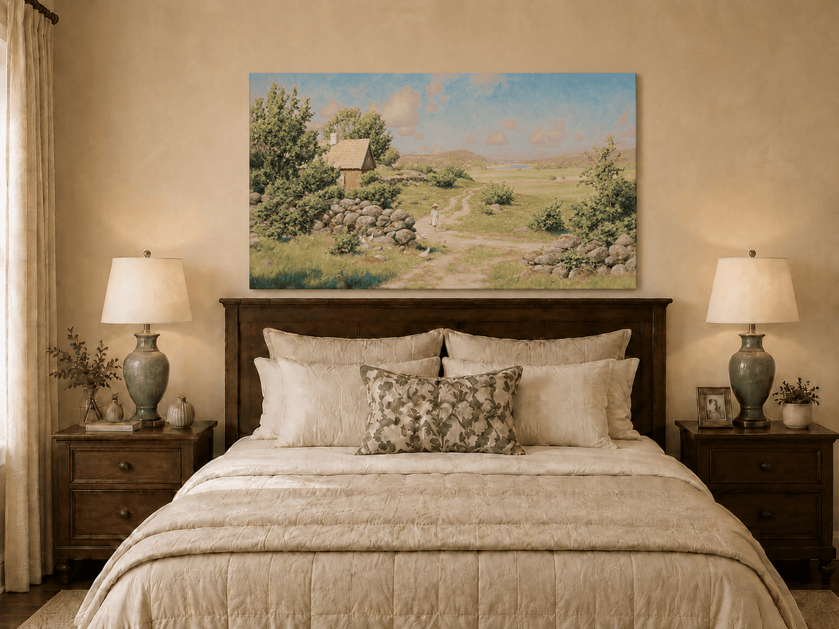 Landscape Oil Painting - Sunny Countryside Path with Cottage