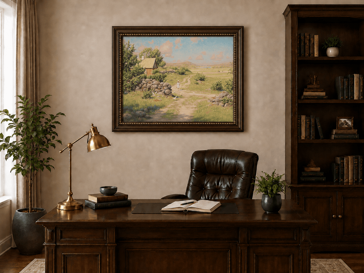 Landscape Oil Painting - Sunny Countryside Path with Cottage