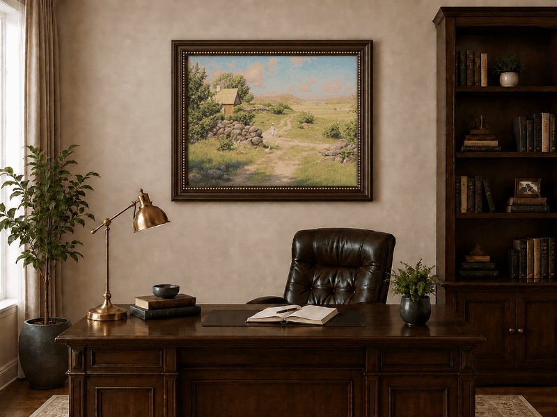 Landscape Oil Painting - Sunny Countryside Path with Cottage