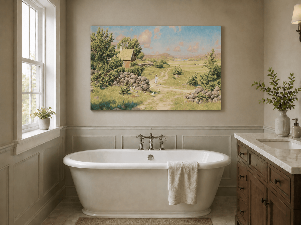 Landscape Oil Painting - Sunny Countryside Path with Cottage